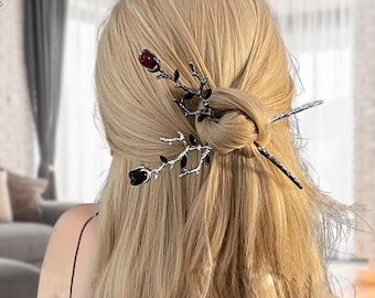 Retro Rose Branch Hairpin – Metal Floral Hair Stick