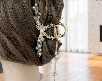Pearl Starfish Tassel Hair Claw Clip – Luxury Ocean Shell Alloy Hair Accessory