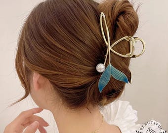 Aqua Fish Tail Hair Claw, Pearl Hair Clip, Vintage Style
