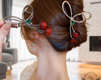 Cherry Bow Hair Claw Clip – Metal Fruit Clip with Red Cherries