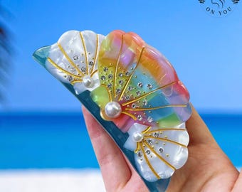 Ocean Shell & Starfish Acetate Hair Claw, Pearl Seashell Hair Clip, Beach Lover Gift