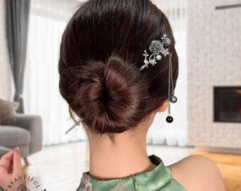 Gothic Rose Hair Stick with Tassel – Black Floral Hairpin, Dark Elegant Hair Jewelry