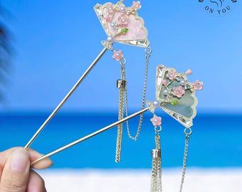 Floral Fan Hair Stick, Elegant Bun Pin with Chain Tassel, Vintage Style