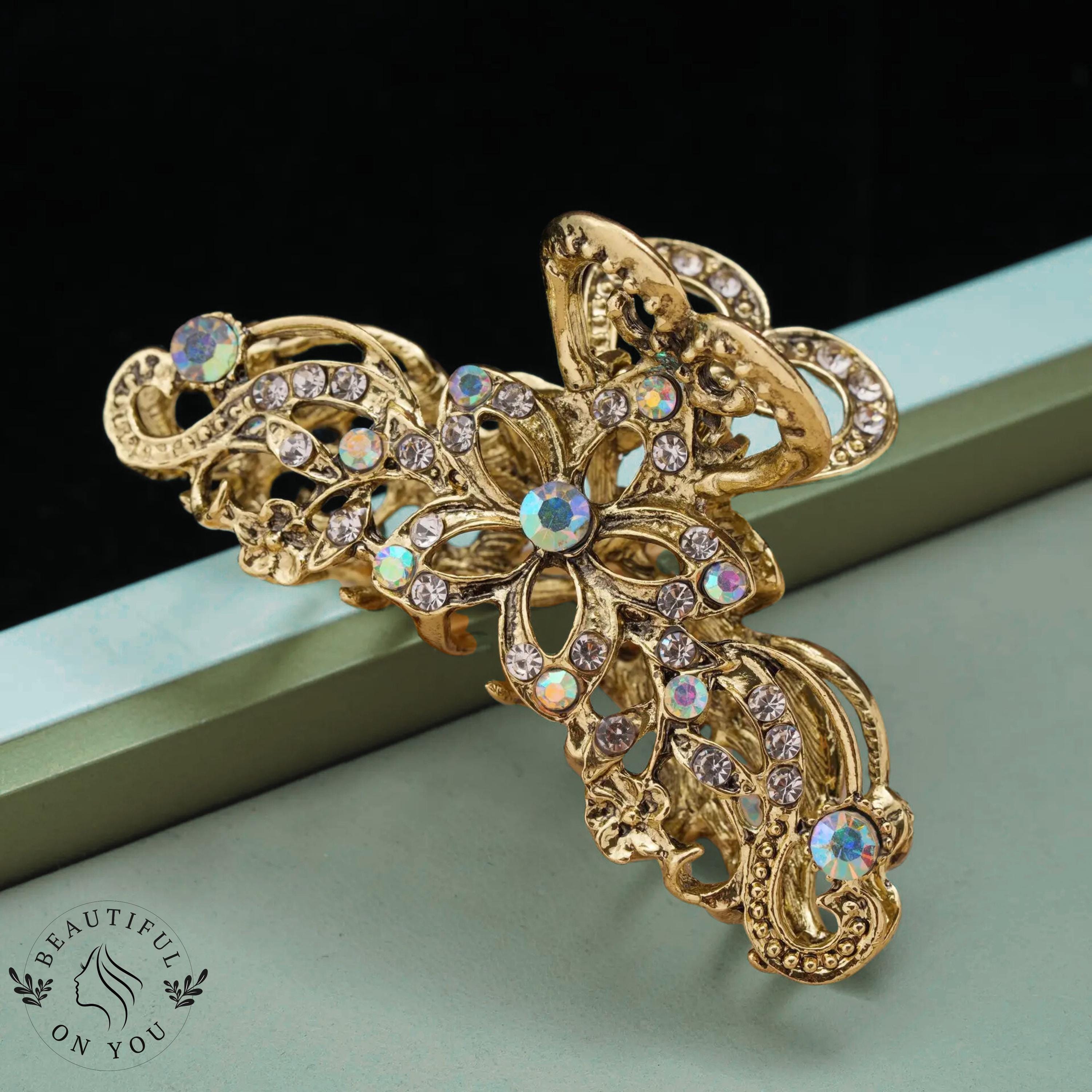 Baroque Rhinestone Hair Claw – Retro Gold or Silver Floral  display picture 3