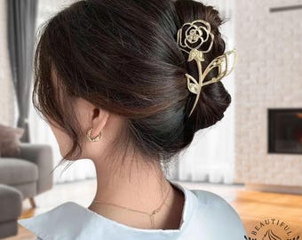 Minimalist Rose Metal Claw, Floral Bun Holder Gold Silver, Elegant Barrette