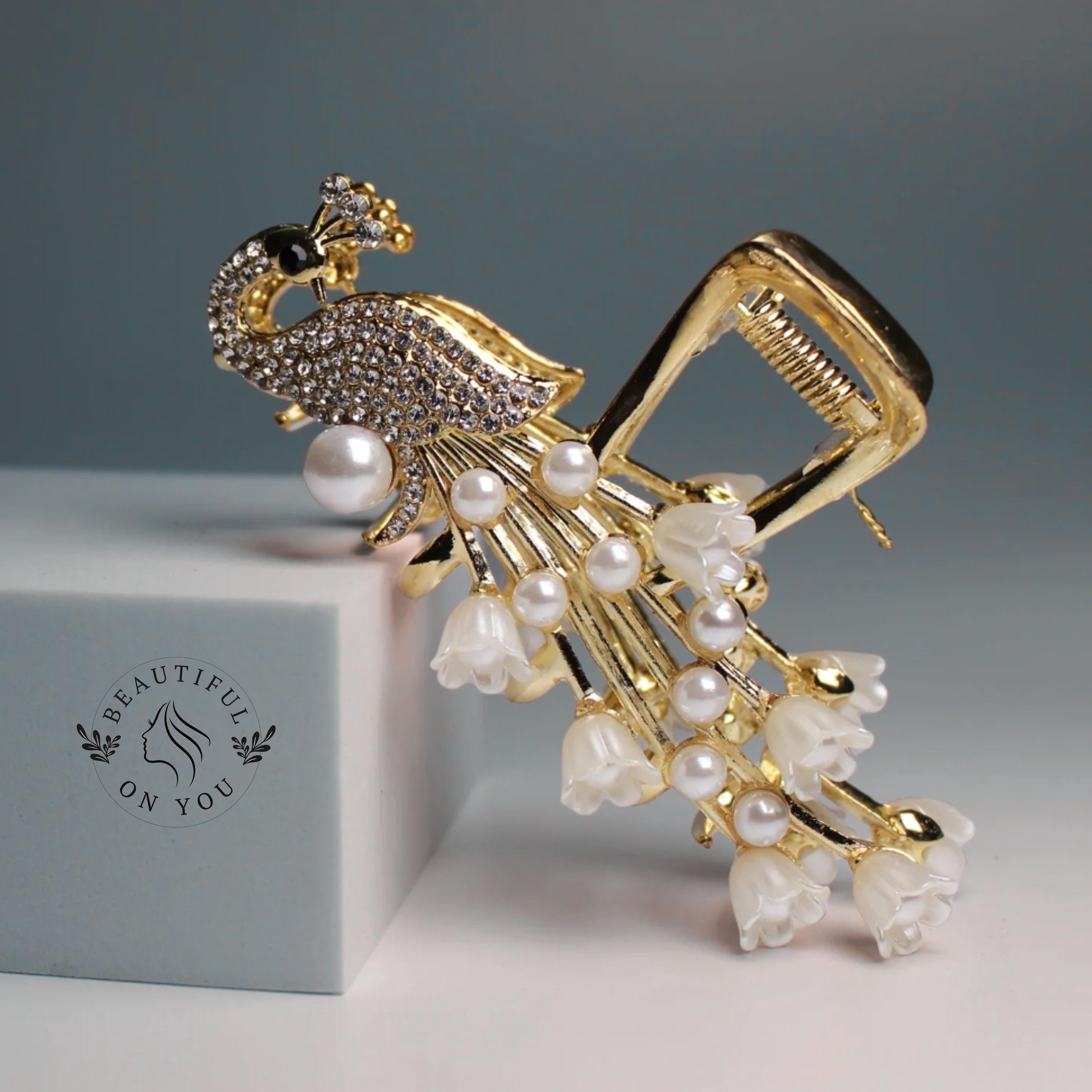 Elegant Gold Peacock Hair Clip With Pearls - Etsy display picture 1