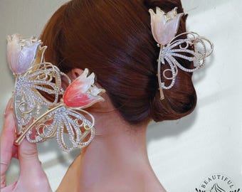 Retro Tulip Hair Claw, Rhinestone Butterfly, Floral Hair Clip