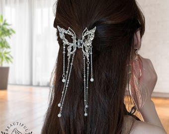 Butterfly Hair Claw Clip with Pearls and Tassels
