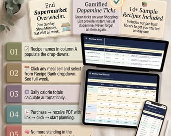 Meal Planner Google Sheets | Weekly Meal Planner | Recipe Book Template |Shopping List Planner | Calorie Tracker