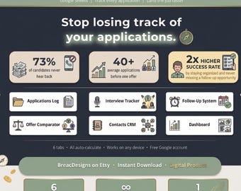 Job Search Tracker Google Sheets | Job Application Tracker Spreadsheet | Interview Tracker | Job Hunt Planner | Career Planner Template
