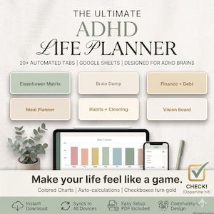 Puede incluir: Planificador de vida digital para TDAH con el texto "THE ULTIMATE ADHD LIFE PLANNER". El planificador incluye pestañas para la Matriz de Eisenhower, Brain Dump y Finanzas + Deudas. La imagen también muestra una tableta y un teléfono.