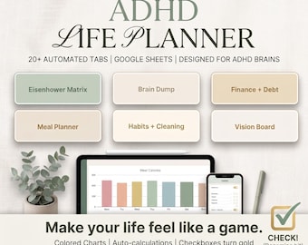 ADHD Life Planner Google Sheets | 20-Tab Life System | Habits, Finance, Brain Dump & Meal Tracker