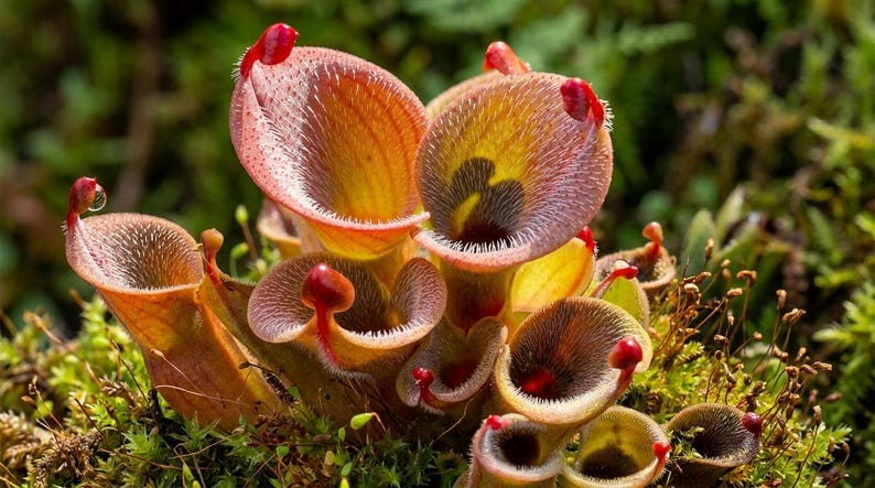 K&ouml;nnte beinhalten: Eine Ansammlung von Cephalotus follicularis Kannenpflanzen mit mehreren runden, becherf&ouml;rmigen Fallen, die r&ouml;tlich-rosa R&auml;nder, feine wei&szlig;e H&auml;rchen und kleine, leuchtend rote Nektar absondernde Deckel aufweisen und in gr&uuml;nem Moos wachsen.