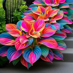 May include: A cluster of vibrant hosta plants featuring heart-shaped leaves with a striking variegated pattern of bright pink, magenta, orange, and deep blue hues. The plants are arranged in a row along a set of gray concrete steps and a black railing.