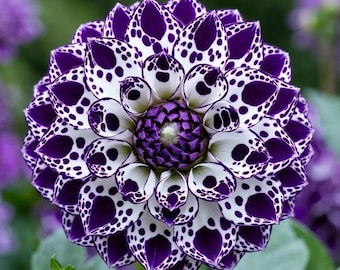 May include: A dahlia flower featuring a symmetrical arrangement of petals with a distinct pattern of deep purple spots and blotches against a white background. The center of the bloom is tightly packed with smaller, solid purple petals.
