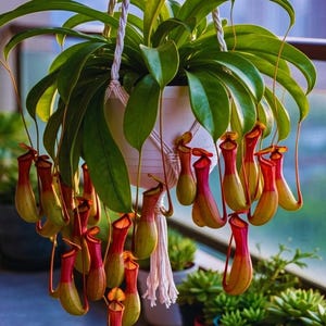 K&ouml;nnte beinhalten: Eine h&auml;ngende Nepenthes-Kannenpflanze mit leuchtend gr&uuml;nen Bl&auml;ttern und zahlreichen l&auml;nglichen, glockenf&ouml;rmigen Kannen. Die Kannen zeigen einen Farbverlauf von Gelbgr&uuml;n an der Basis bis zu einem tiefen Rot am oberen Rand in einem wei&szlig;en Makramee-H&auml;nger.