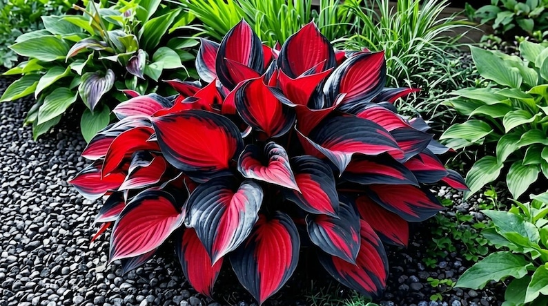 May include: A vibrant hosta plant featuring broad, heart-shaped leaves with a striking color pattern. Each leaf displays a deep, saturated red center that transitions into a dark, charcoal-black border, creating a bold contrast in the garden.