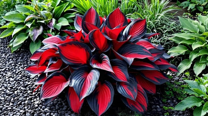 May include: A vibrant hosta plant featuring broad, heart-shaped leaves with a striking color pattern. Each leaf displays a deep, saturated red center that transitions into a dark, charcoal-black border, creating a bold contrast in the garden.