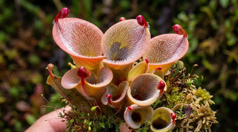 K&ouml;nnte beinhalten: Eine Ansammlung von Heliamphora-Kannenpflanzen mit trichterf&ouml;rmigen Bl&auml;ttern in rosa-orangen Farbt&ouml;nen, feinen wei&szlig;en H&auml;rchen auf den Innenseiten und kleinen, dunkelroten Nektarl&ouml;ffeln an den Spitzen jedes Kruges, wachsend in gr&uuml;nem Moos.