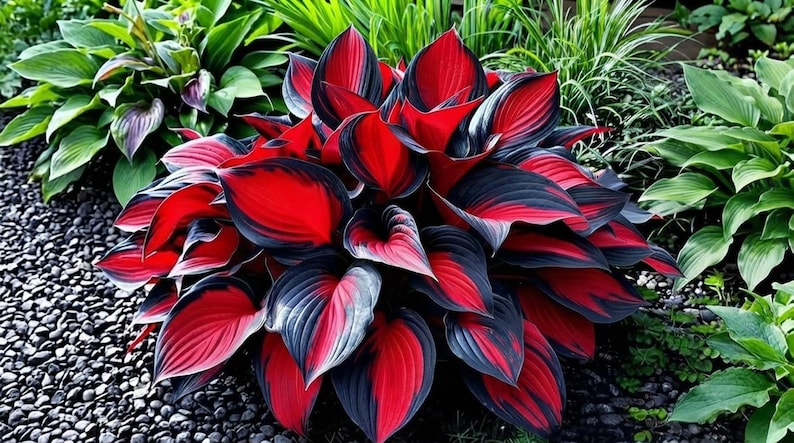 May include: A vibrant hosta plant featuring broad, heart-shaped leaves with a striking color pattern. Each leaf displays a deep, saturated red center that transitions into a dark, charcoal-black border, creating a bold contrast in the garden.