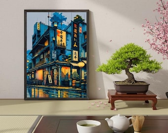 Vibrant Tokyo Street Print | Japanese Pop Art | Rainy Alleyway Décor, Cyberpunk Aesthetic, Modern Urban Art | Neo-Ukiyo-e Tokyo Print