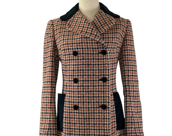 Vintage 1960s/1970s Pendleton 100% Wool Houndstooth Suede Collar Double Breasted Blazer