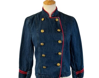 Y2K Vintage Ralph Lauren Denim Jacket: Military Style, Red Trim