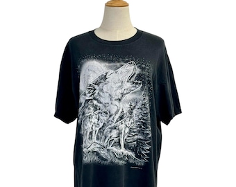 Vintage 1990s Black Howling Wolf T-Shirt