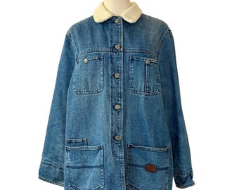 Vintage Y2K Ralph Lauren Denim Chore Coat, Sherpa Collar, Quilted Lined