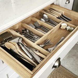 May include: An open kitchen drawer with a wooden organiser filled with cutlery, serving utensils, and small teacups. The drawer is made of light wood and is divided into compartments for easy organisation. The cutlery includes forks, knives, and spoons.
