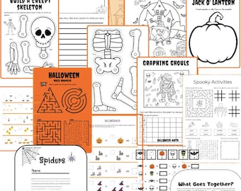 May include: A collection of 24 printable Halloween activity pages. The pages include a build-a-skeleton activity, a maze, tracing lines, and a design-a-jack-o'-lantern activity. The pages are decorated with Halloween-themed illustrations and text.