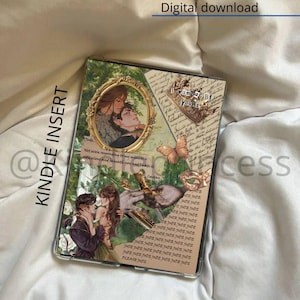 Peut inclure: Insert pour Kindle avec un design de collage romantique. Il présente des illustrations de couples, un cadre doré et un papillon. Le design comprend du texte et les mots "Digital download".