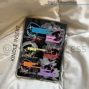 Könnte beinhalten: Kindle-Einsatz mit schwarzem Hintergrund, der Neon-Masken-Grafiken und Text zeigt. Der Text enthält Sätze wie "Danke, dass du mich in deine Welt gelassen hast" und "Digitaler Download".