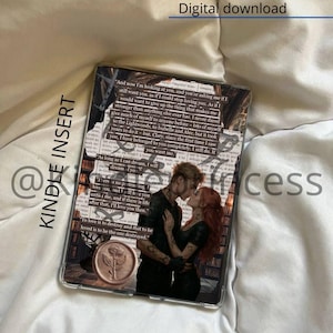 May include: Clear Kindle insert featuring a romantic couple kissing, with a collage background of text and a rose seal. The words "KINDLE INSERT" and "Digital download" are visible.