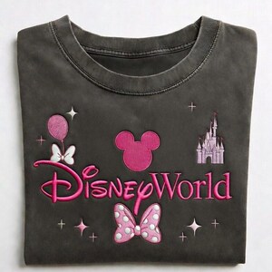 Custom Hand Embroidered Minnie Mouse Disney World Shirt, Acid Wash Tshirt With Castle And Balloon, Personalized Magical Disney Vacation Gift image 3