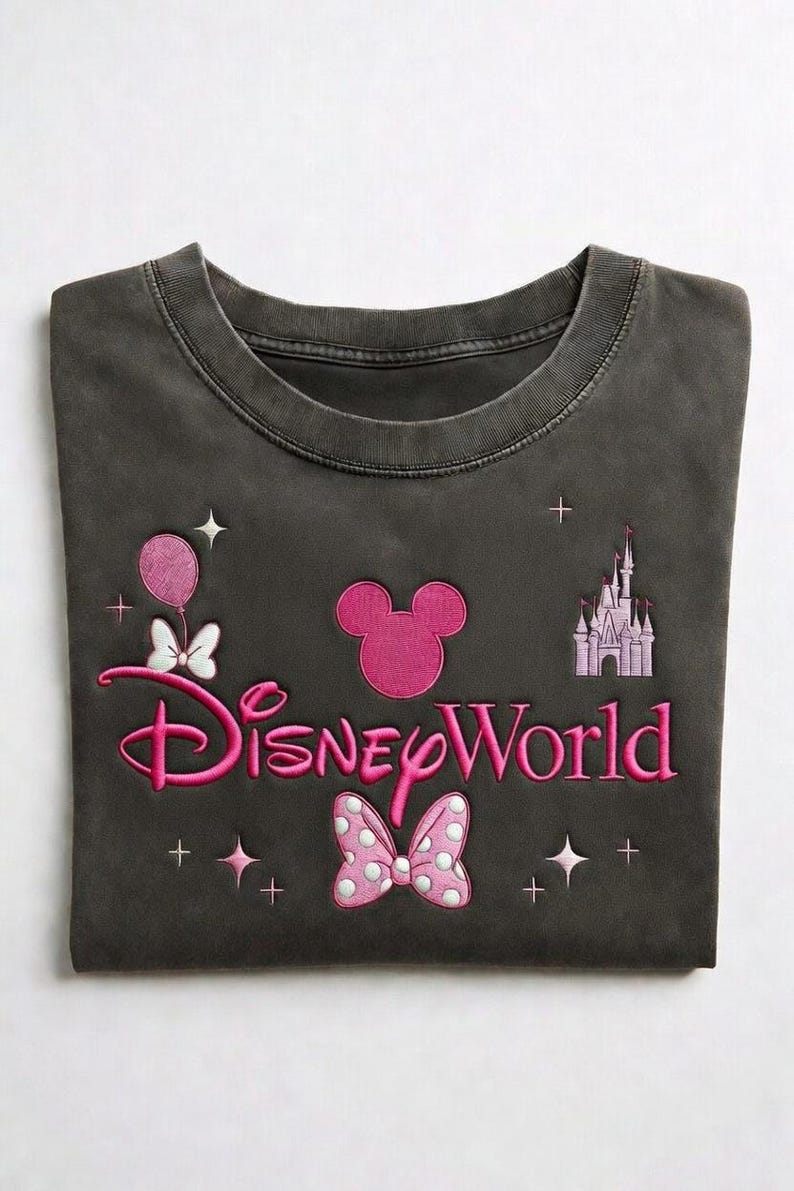 Custom Hand Embroidered Minnie Mouse Disney World Shirt, Acid Wash Tshirt With Castle And Balloon, Personalized Magical Disney Vacation Gift image 3