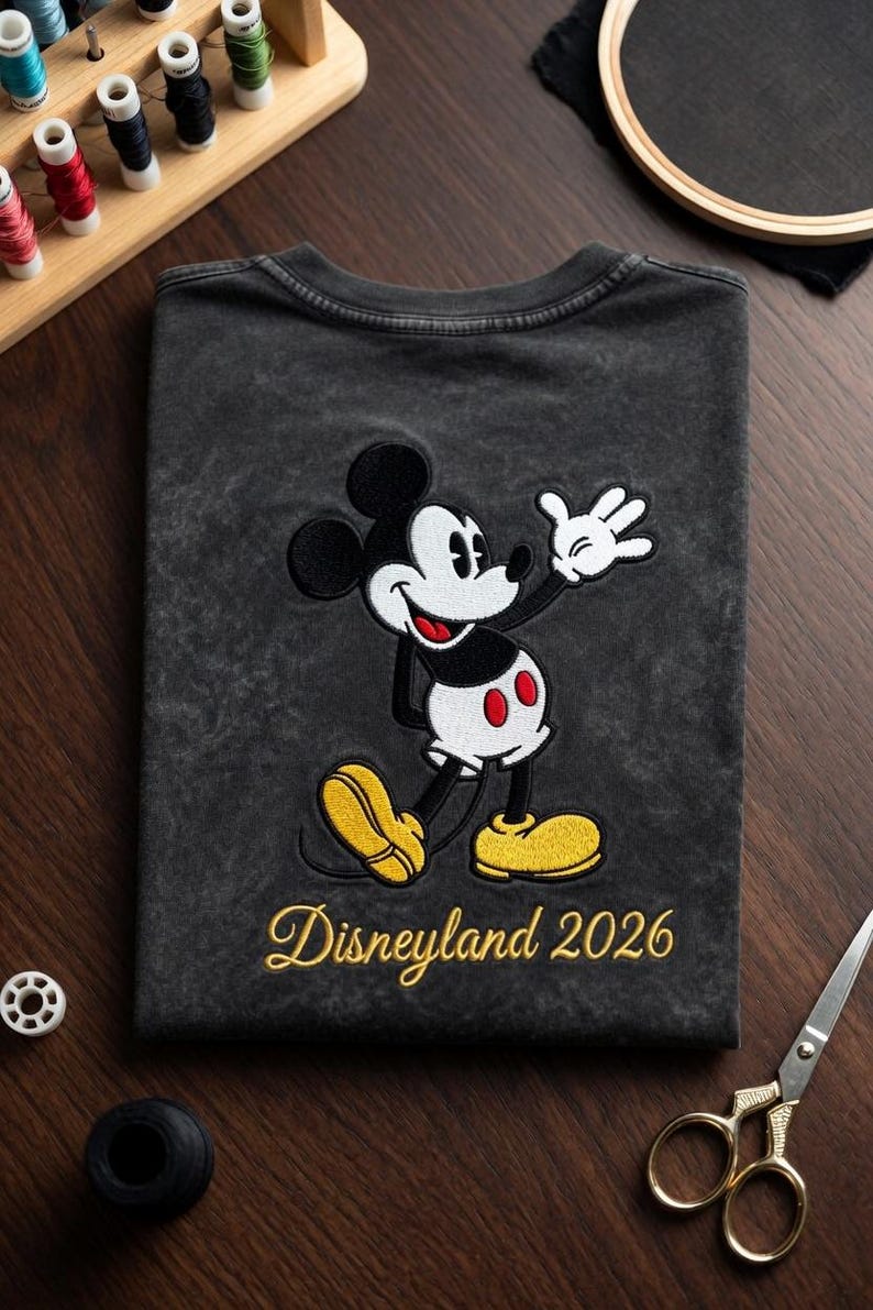 May include: Dark gray t-shirt featuring an embroidered Mickey Mouse design. Mickey is depicted in black, white, red, and yellow. The text "Disneyland 2026" is embroidered in gold. The shirt is on a wooden surface.