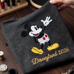 May include: Dark gray sweatshirt featuring an embroidered Mickey Mouse design with yellow, white, black, and red accents. The text "Disneyland 2026" is embroidered in gold script. The sweatshirt is folded.