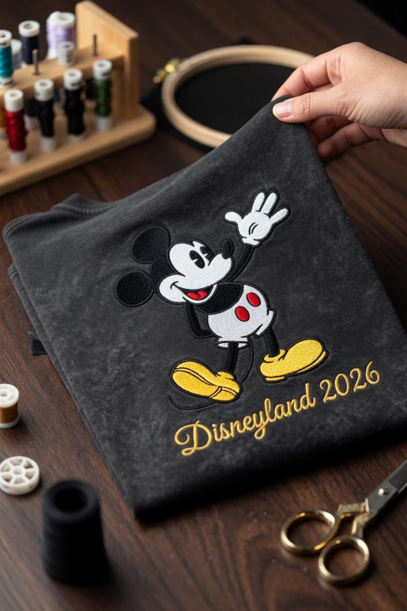 May include: Dark gray sweatshirt featuring an embroidered Mickey Mouse design with yellow, white, black, and red accents. The text "Disneyland 2026" is embroidered in gold script. The sweatshirt is folded.