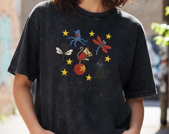 Embroidered Doll Washed T-Shirt, Button Eye Movie Shirt, Black Cat Vintage Tee, Other Mother Horror Apparel, Acid Wash Coraline Gift