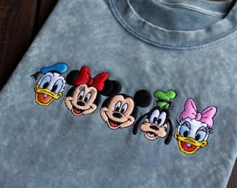 Hand Embroidered Mickey Minnie Donald Goofy Pluto Shirt, Acid Wash Family Disney Trip Tshirt 2026, Personalized Magical Park Vacation Gift