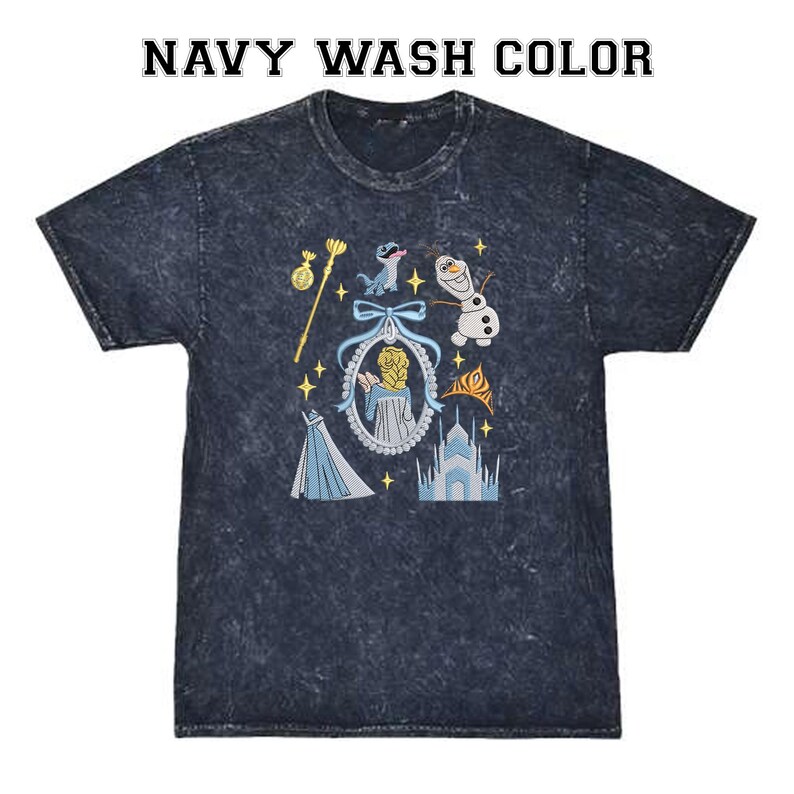 May include: Navy wash colour t-shirt with a graphic featuring characters and elements from a popular animated film. The design includes a castle, a dress, and a snowman. The text "NAVY WASH COLOR" is at the top.