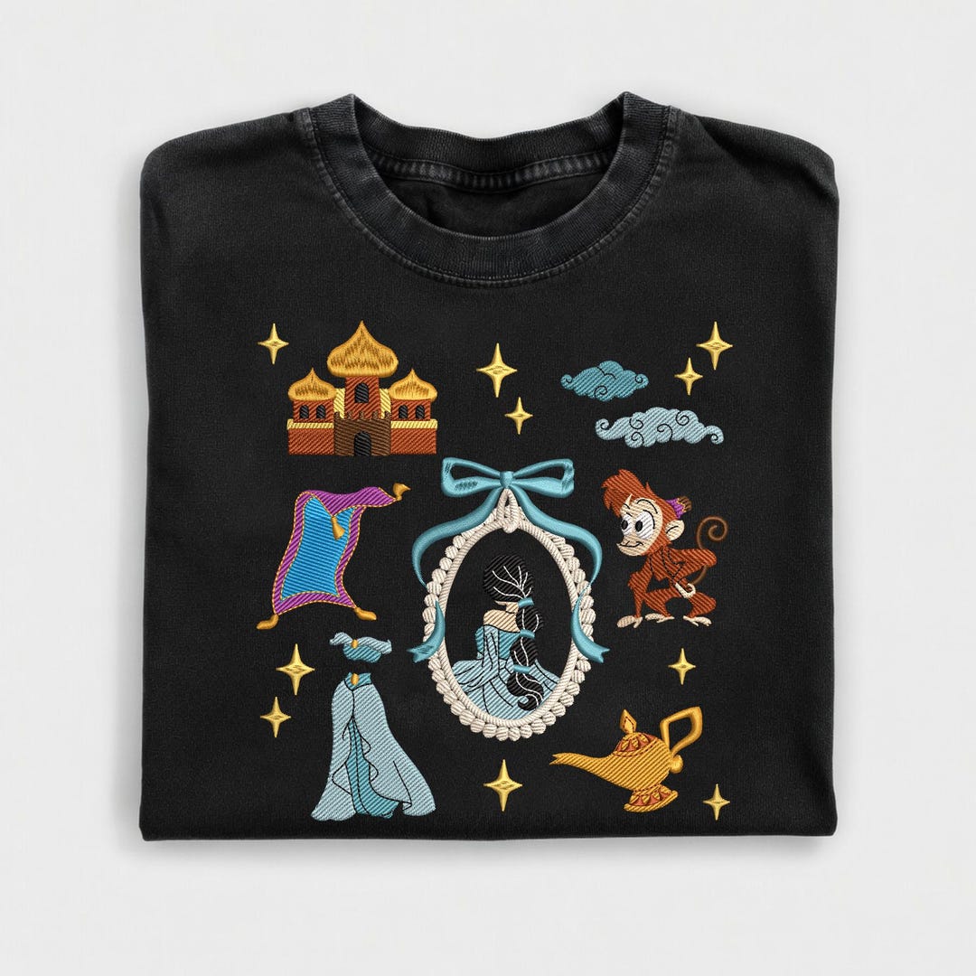 Custom Washed Embroidered Aladdin T-shirt, Hand Embroidered Jasmine Abu ...