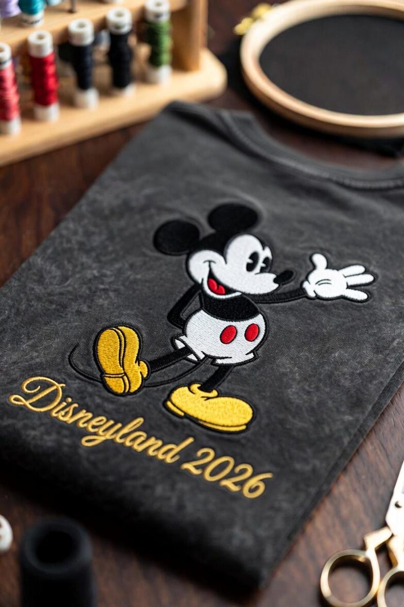May include: Dark gray t-shirt featuring an embroidered Mickey Mouse design. The classic cartoon character is depicted in black, white, red, and yellow. The words "Disneyland 2026" are embroidered in gold script below the character.