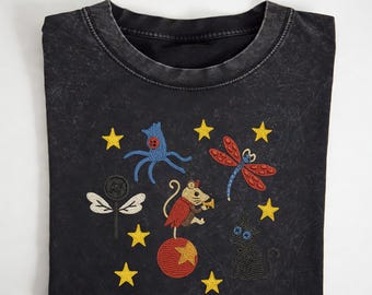 Embroidered Doll Washed T-Shirt, Button Eye Movie Shirt, Black Cat Vintage Tee, Other Mother Horror Apparel, Acid Wash Coraline Gift