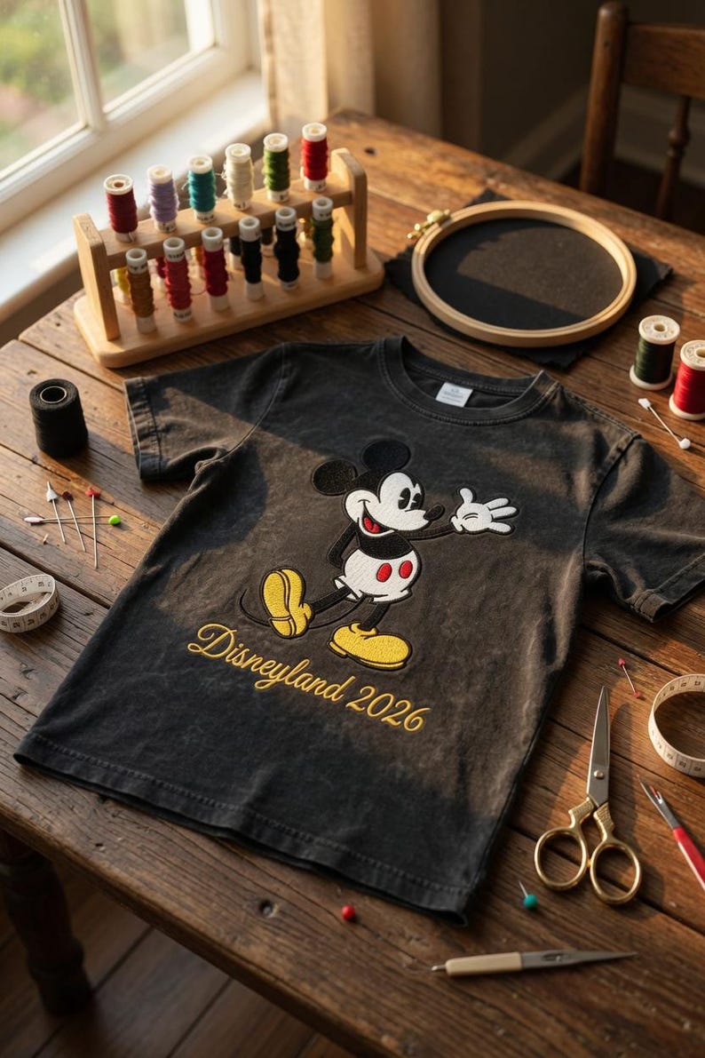 May include: A dark gray t-shirt featuring a Mickey Mouse graphic with yellow shoes and the text "Disneyland 2026" in gold. The image also shows sewing supplies, including spools of thread, scissors, and an embroidery hoop, on a wooden table.