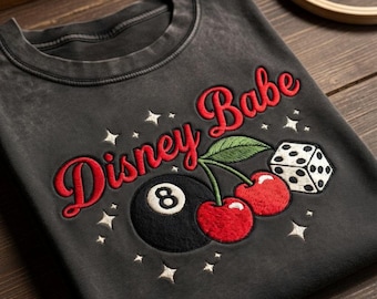 Disney Babe Embroidered Washed Shirt, Mickey Mouse Cherry Tee, Retro Disney Park Outfit, Vintage Dice 8-Ball Shirt, Disneyworld Gift