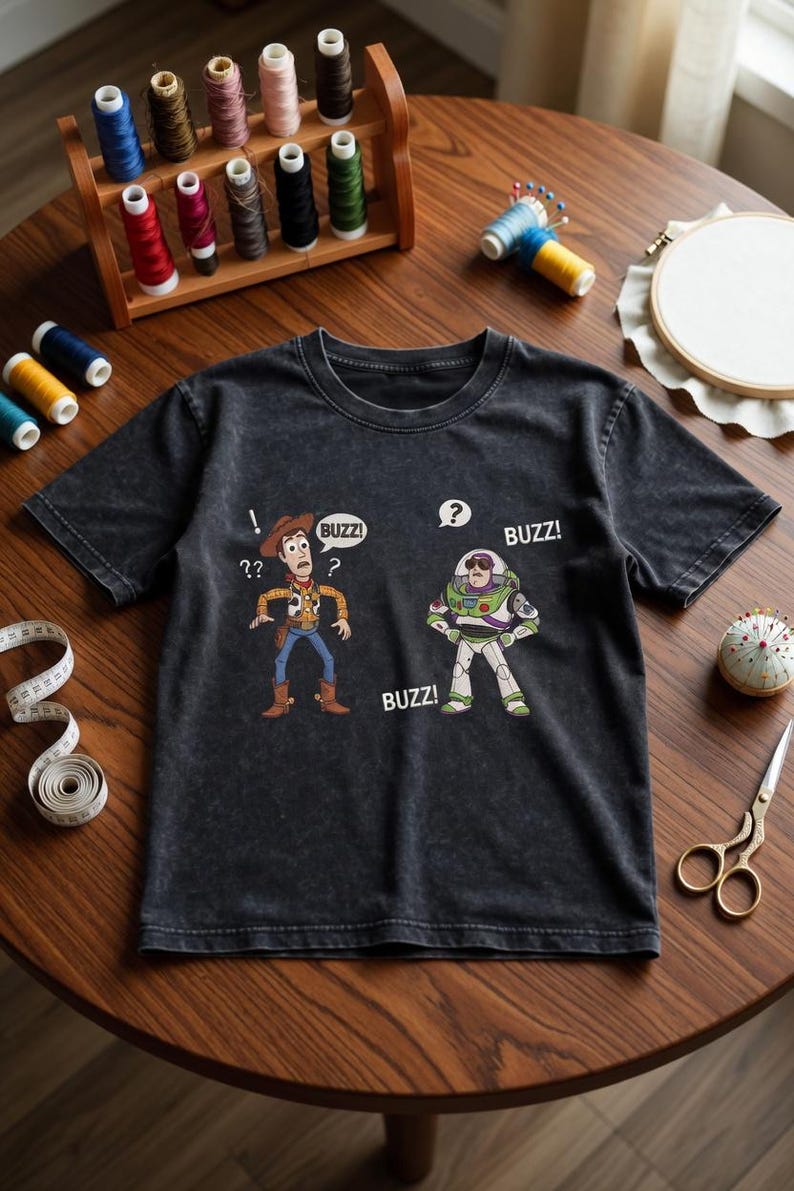 May include: Dark gray t-shirt featuring cartoon characters Woody and Buzz Lightyear from Toy Story. Woody has a speech bubble with "Buzz?" and Buzz Lightyear has a speech bubble with "Buzz!". Sewing supplies, including thread spools, are in the background.