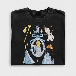 Custom Washed Embroidered Frozen T-Shirt, Hand Embroidered Olaf Anna Tee, Disney Frozen Gift For Her image 1