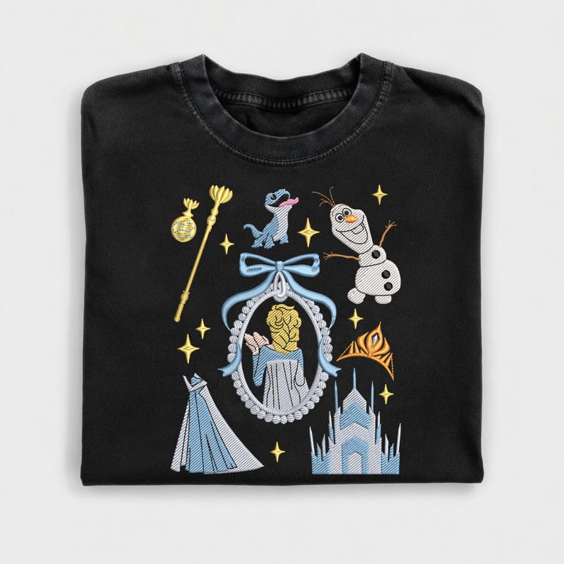 Custom Washed Embroidered Frozen T-Shirt, Hand Embroidered Olaf Anna Tee, Disney Frozen Gift For Her image 1